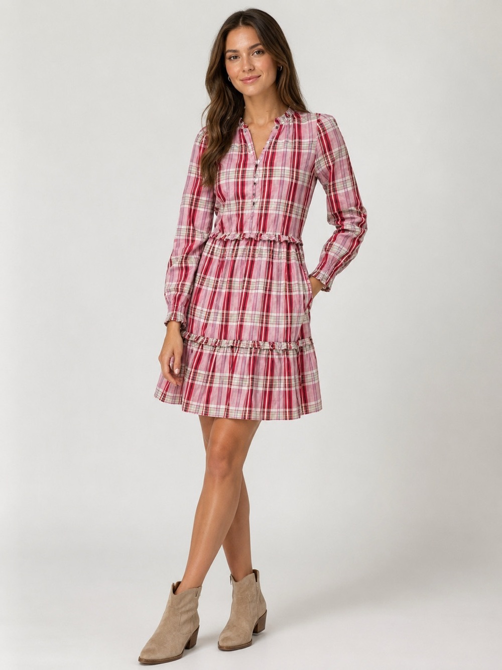 NWT J.CREW Factory Pink Plaid Mini Ruffle Trim Dress Sweet Briar Marine Size 2